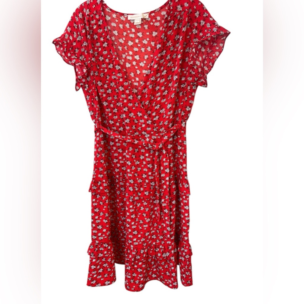Monteau Los Angeles red floral V-neck ruffle tier flutter sleeve dress Large